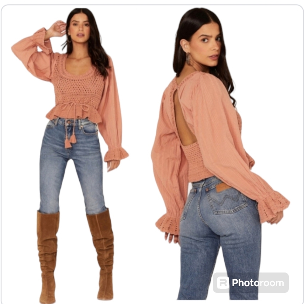 Free People Megan Crochet Top Coral Sand Peplum Puff Sleeve M NWT